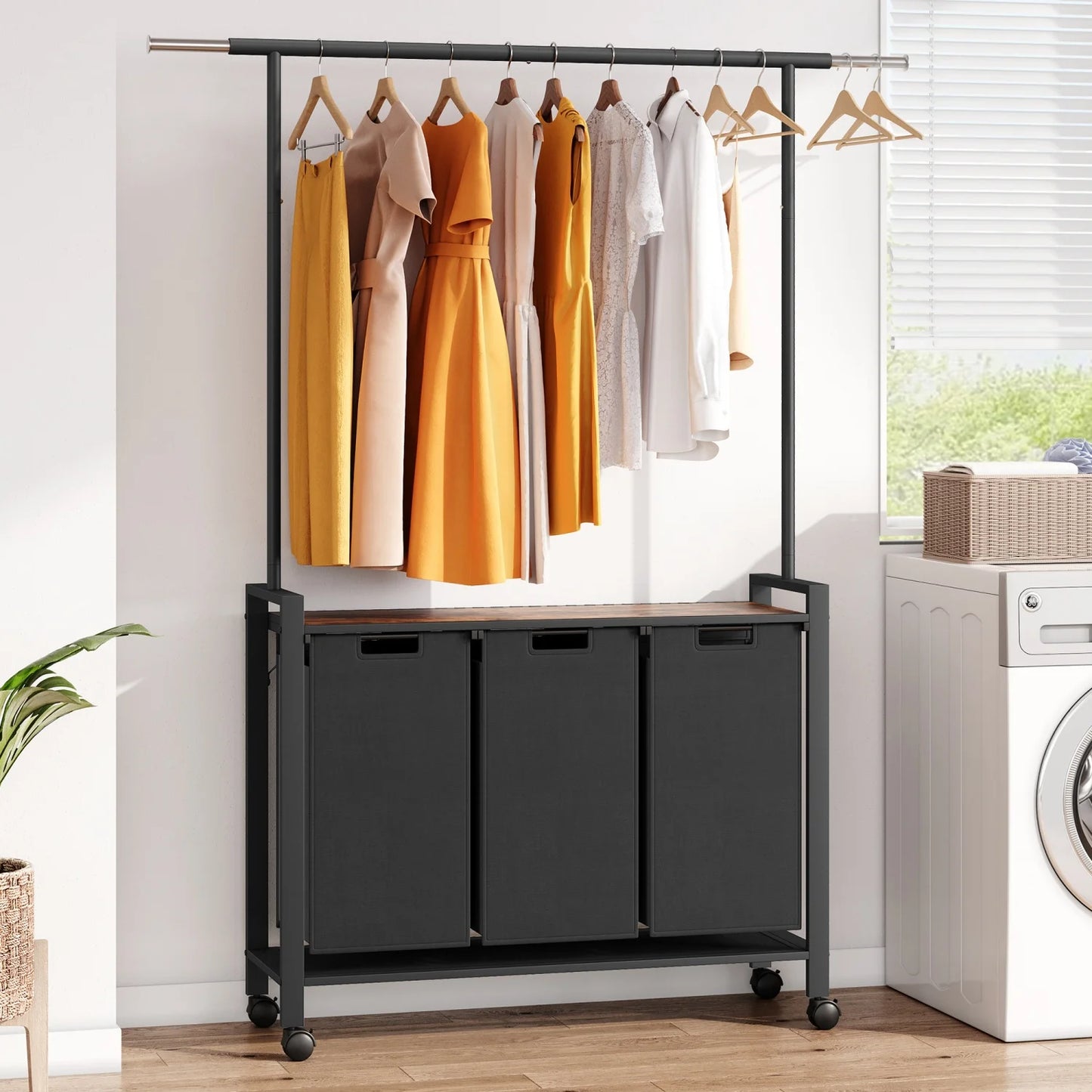 Laundry Sorter With Extendable Hanging Bar Laundry Basket With Wheels And Shelf, Laundry Room Organization And Storage