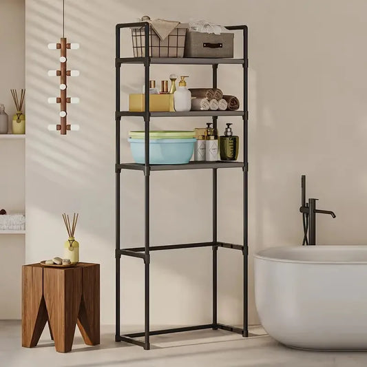 3-Tier Metal Bathroom Rack | Over Toilet Storage Shelf, No Drill Freestanding Organizer with Black Frame
