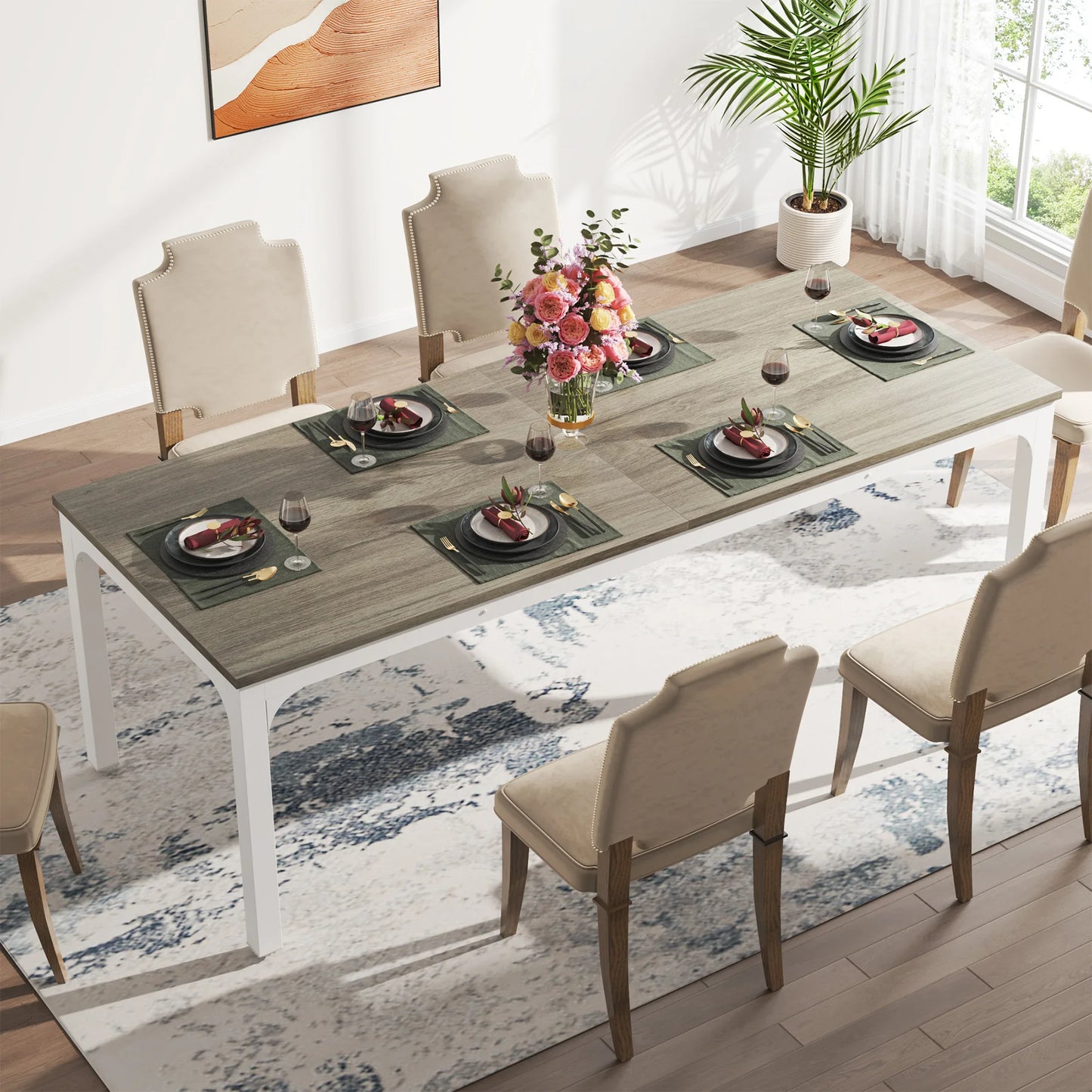 Dining Table for 6-8 People, 200cm Large Narrow Long Rectangular Kitchen Dinner Table, Rustic Wood Dining Table