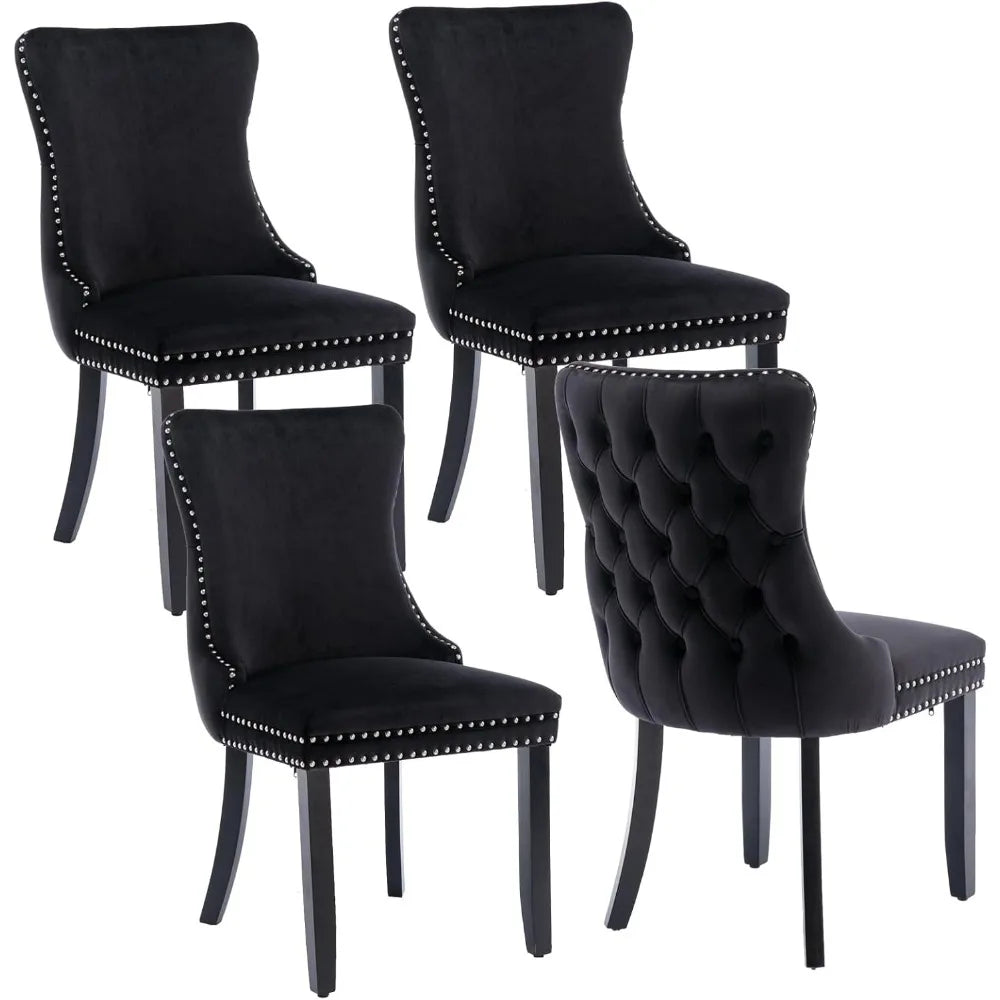 Velvet Upholstered Dining Chairs Set of 4 Wingback Kitchen Room Black Accent Chairs 4PC Solid Wood Leg