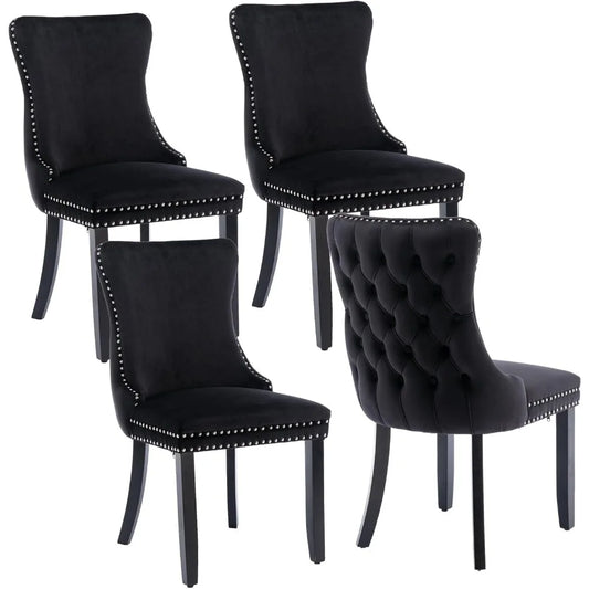 Velvet Upholstered Dining Chairs Set of 4 Wingback Kitchen Room Black Accent Chairs 4PC Solid Wood Leg