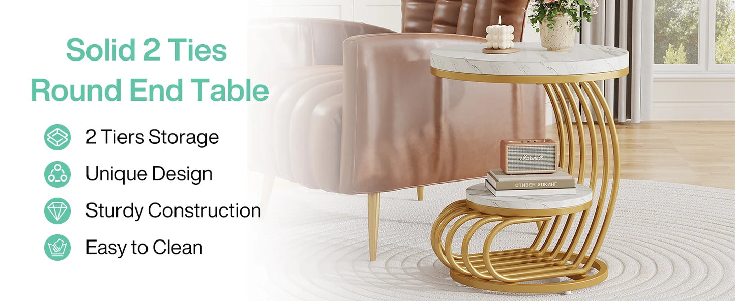 Gold Round End Table: 2 Tiers Faux Marble Side Table with Storage Shelf, Modern White Gold Bedside Nightstand
