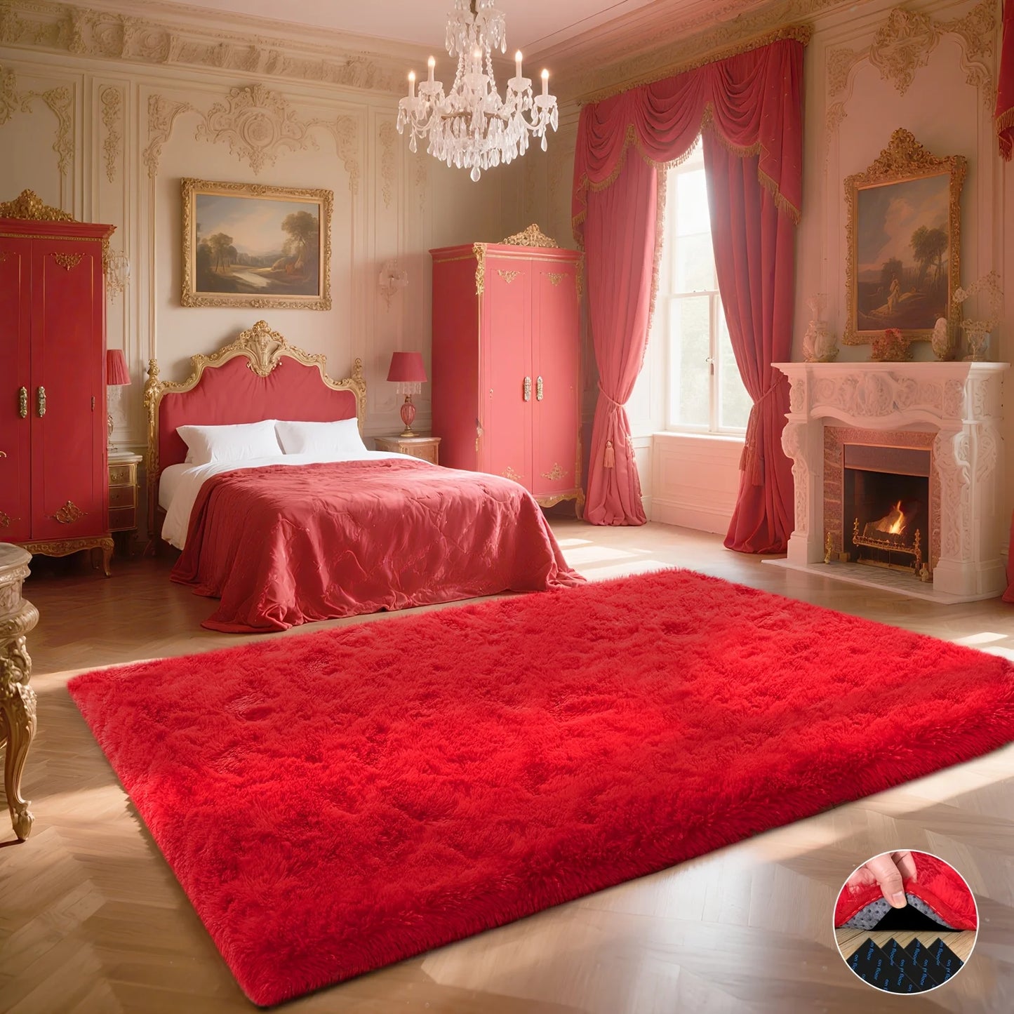 Fluffy Soft Shaggy Non-Slip Red Rugs For Living Room/Bedroom/Nursery