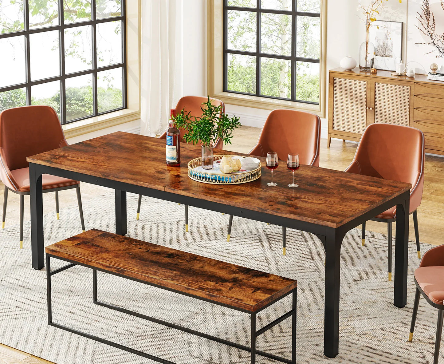 Dining Table for 6-8 People, 200cm Large Narrow Long Rectangular Kitchen Dinner Table, Rustic Wood Dining Table