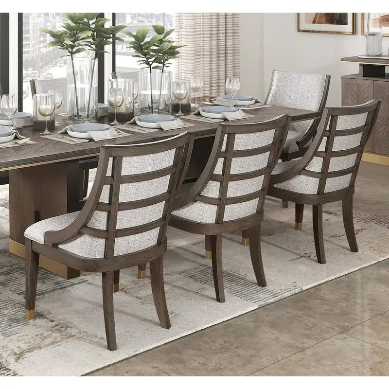 Modern Brown Finish 9-Piece Dining Set with Extension Table and 8 Armchairs, Upholstered Kitchen Furniture with Gold Tipping.