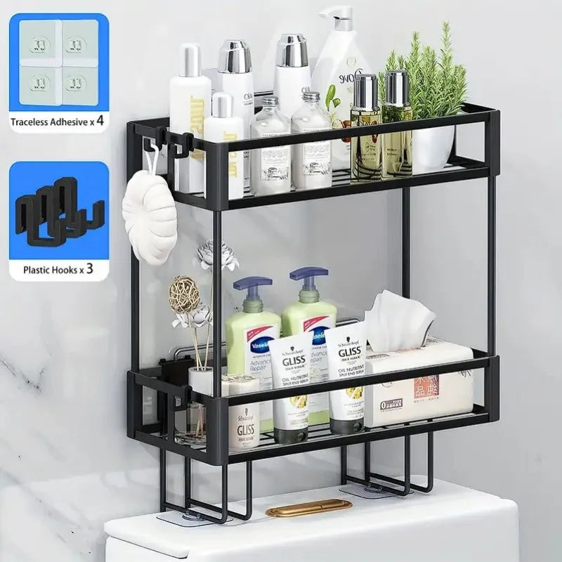 2-Tier Over Toilet Storage Shelf - Wall Mounted with Hooks  Paper Holder, Bathroom Space Saver Organizer for Home,Black