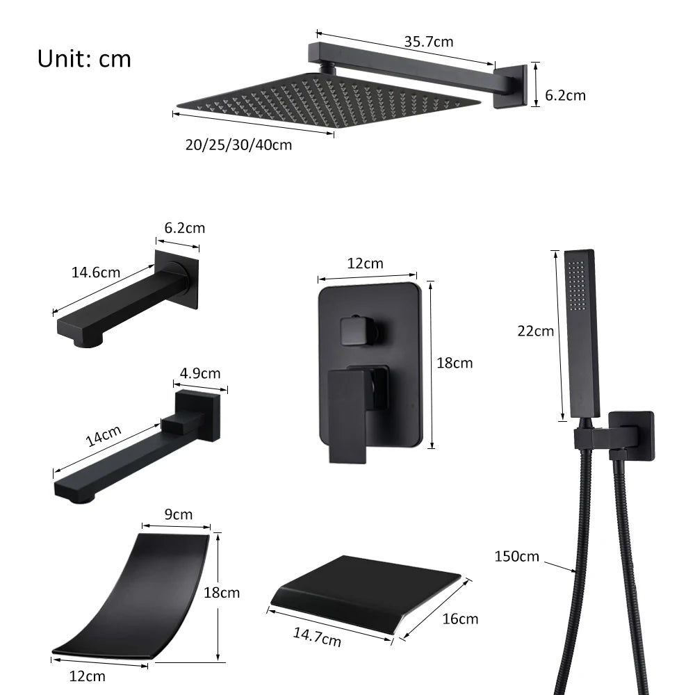 Black Concealed Shower System Rain Waterfall Bathroom Embedded Shower Faucet Set with Tub Spout