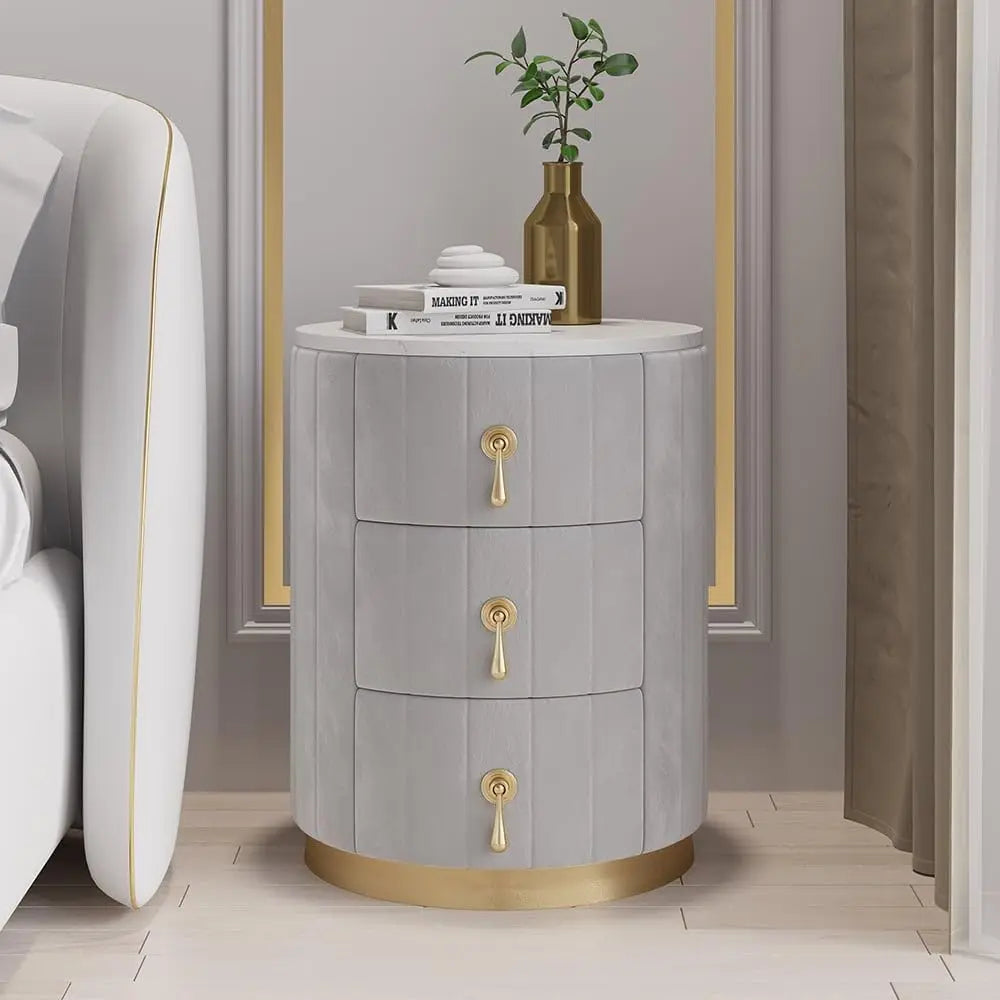 White Velvet Nightstand with Storage, Round Bedside Table with 3 Drawers, Stone Top Night Table for Bedroom