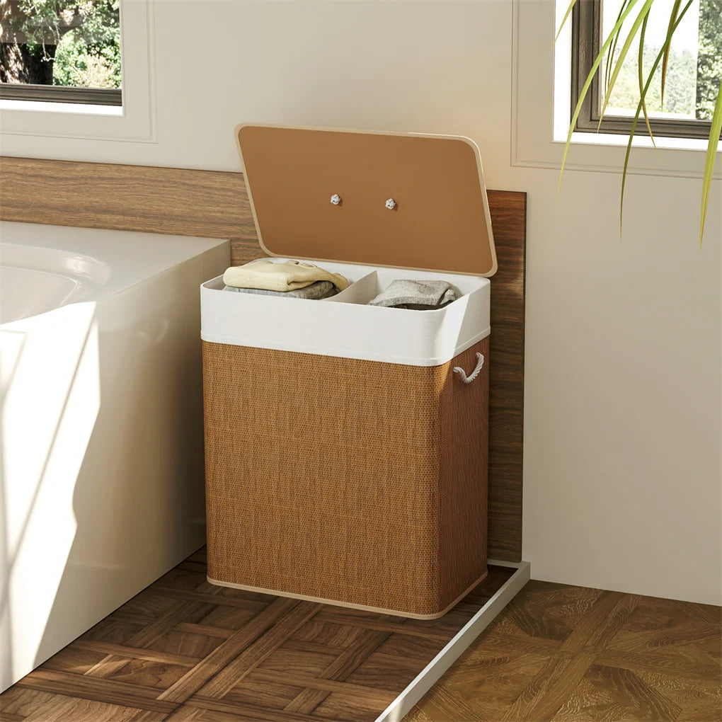 Bamboo Laundry Hamper Foldable Laundry Basket with Lid Removable and Machine Washable Liner for Efficient Laundry