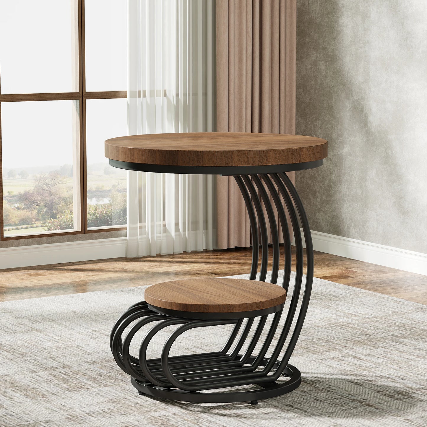 Gold Round End Table: 2 Tiers Faux Marble Side Table with Storage Shelf, Modern White Gold Bedside Nightstand