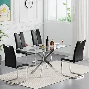 Glass Dining Table Set for 4, 5-Piece Modern Kitchen Table Set with 4 High-Back PU Leather Upholstered Chair for Kitchen Dining