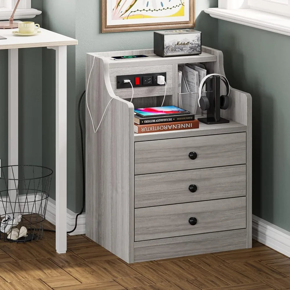 Nightstand with Charging Station,  with Hutch & Storage Drawers