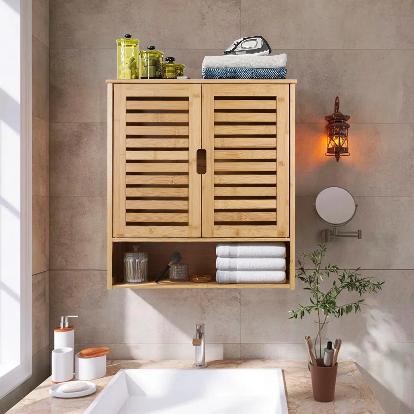 Bathroom Wall Cabinet Storage Shelf Bamboo Medicine Cabinet with with 2 Doors Adjustable Shelf