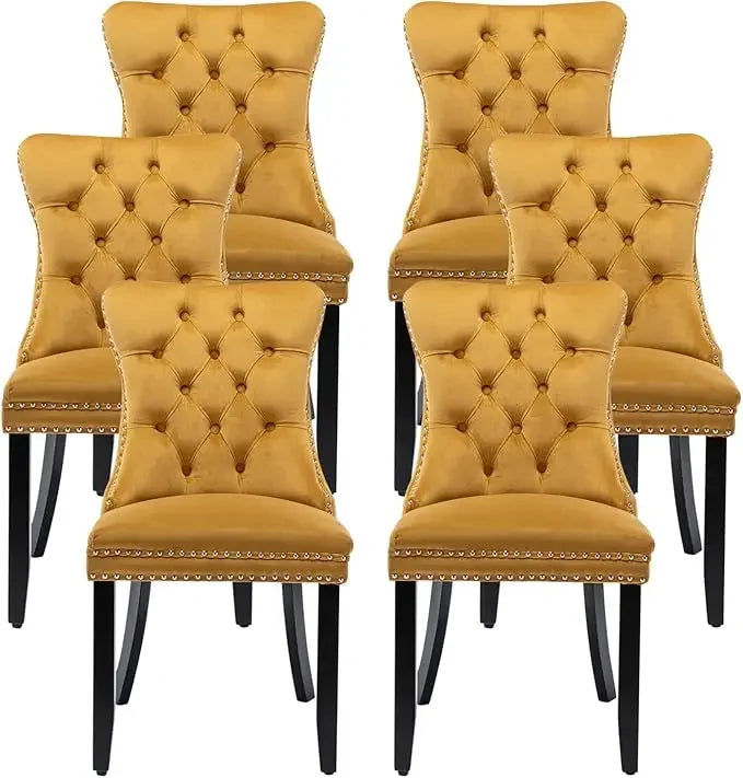 Leather Dining Chairs Set of 6, Upholstered Dining Room Chair with Nail head Trim and Solid Wood Legs, Luxury Wingback