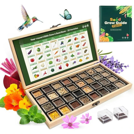 Year-Round USDA Zone 6 Seed Bank, 32 Varieties Non-GMO Heirloom Seeds of Vegetables, Herbs, Gardening Gifts for Women M