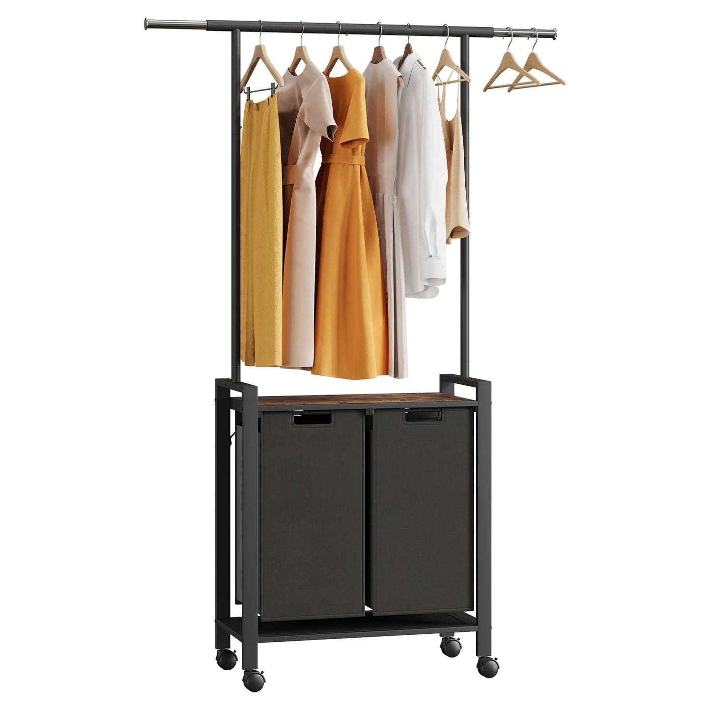 Laundry Sorter With Extendable Hanging Bar Laundry Basket With Wheels And Shelf, Laundry Room Organization And Storage