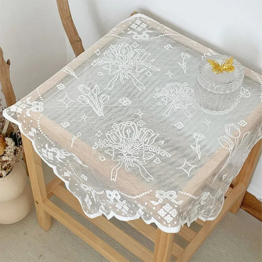 New French Tulip Bouquet Lace Tablecloth, Coffee Table, Bedside Table Cover
