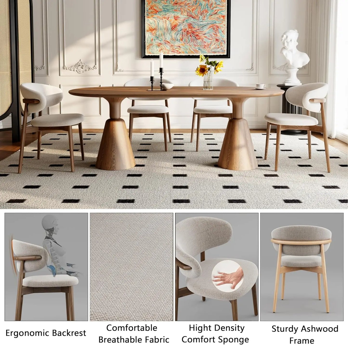 Solid Wood Dining Chairs Set of 2, Modern Upholstered Dining Chair with Curved Backrest, Natural Wood Legs