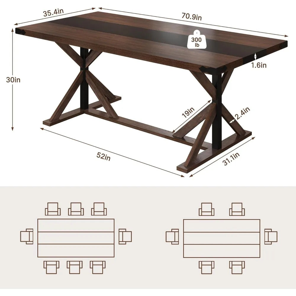 71 Inch Dining Table for 6 People, Rectangular Kitchen Farmhouse Table W/Thickness Waterproof Wood Tabletop,Long Dining Room Tab