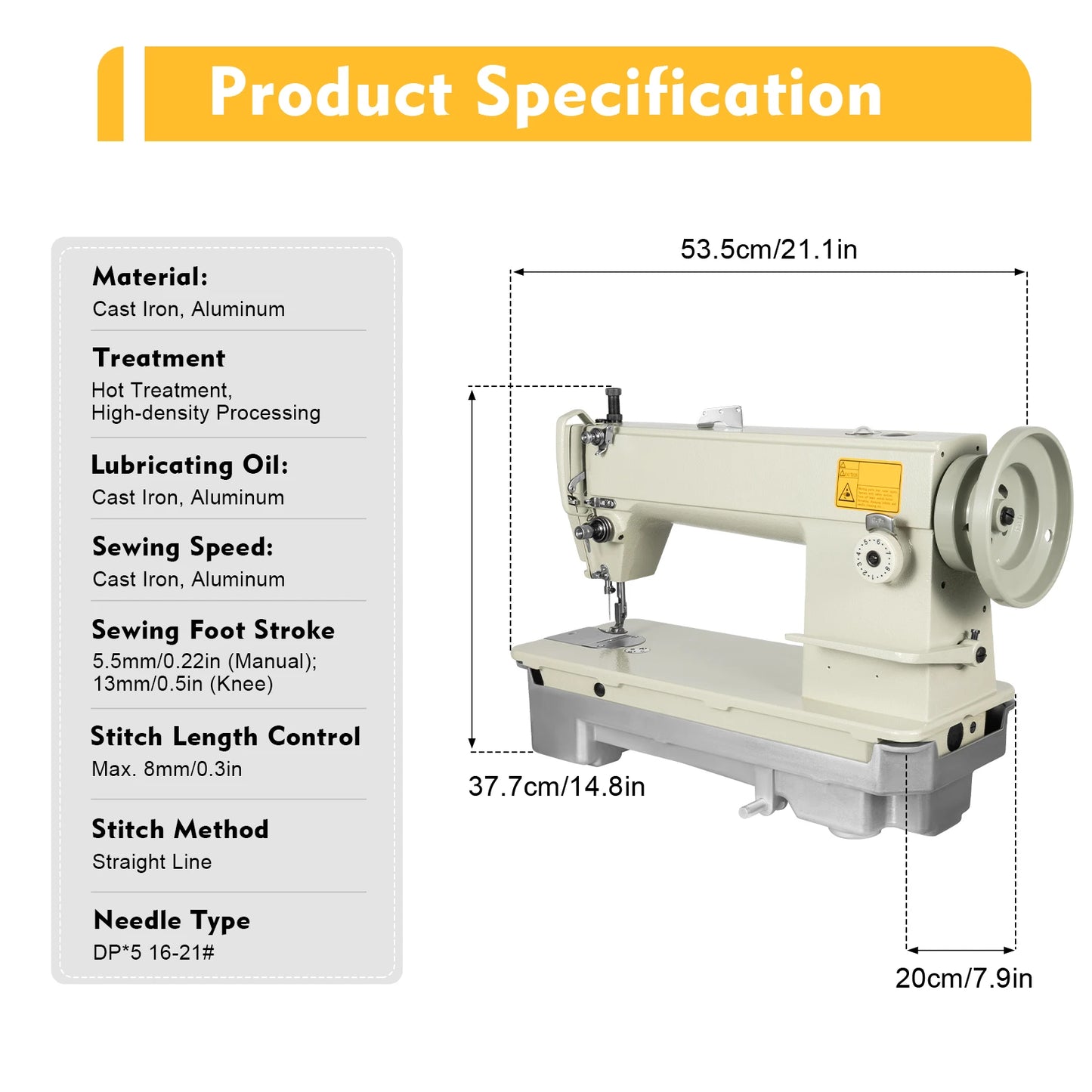 3000 Stitch/Min Industrial Sewing Machine Heavy Duty Cast Iron, 5.5 to 13mm Stitch for Thick Fabrics