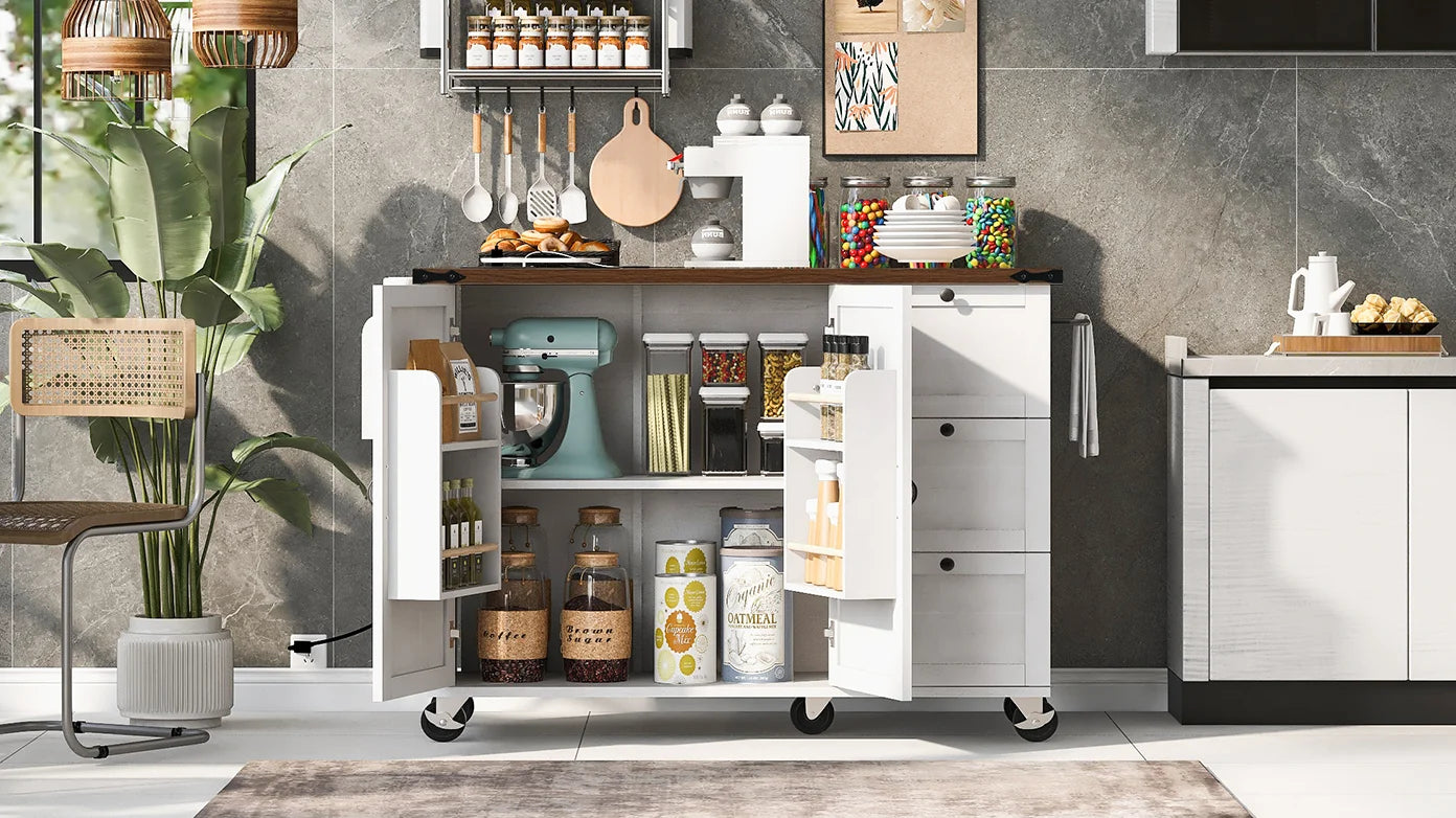 54.5" Farmhouse Kitchen Island with Power Outlet, Kitchen Storage Island  with Internal Storage Rack, Drop Leaf, Spice Rack