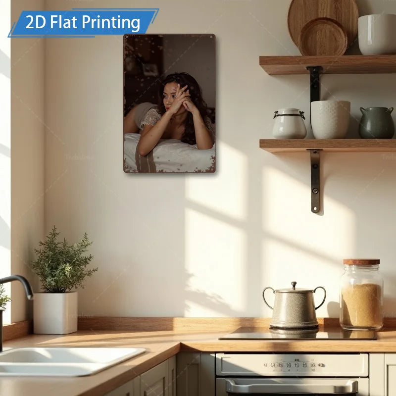 1pc Metal Sign, 4x16inch Rustic Style Woman in Bed 2D Flat Printing Wall Art for Living Room Decor