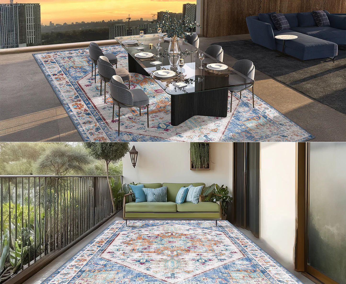 Washable Area Rug 8x10 - Stain Resistant Vintage Design for Living Room, Non-Slip Foldable Carpet for Bedroom