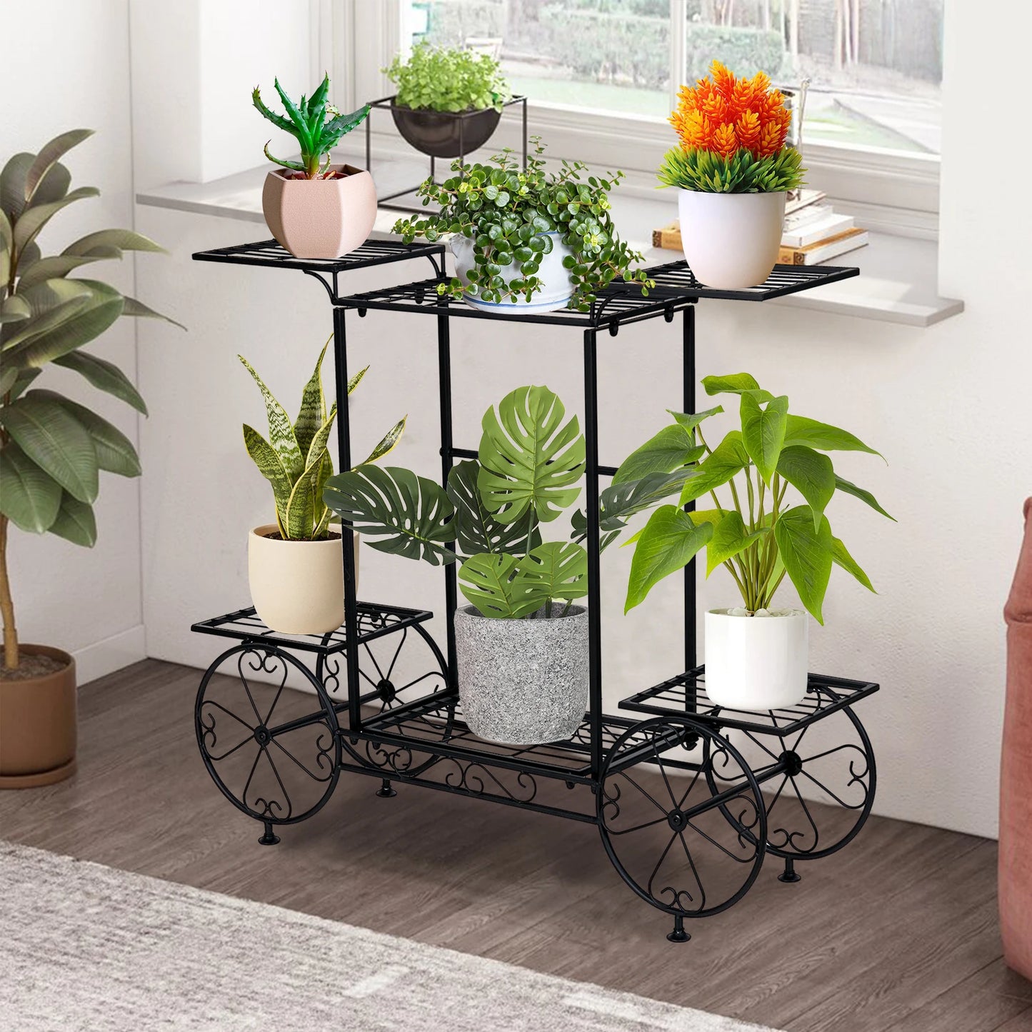 Large Metal Plant Stand Indoor 6 Tier Garden Cart Plant Holder Wrought Iron Plants Display Shelf Rack