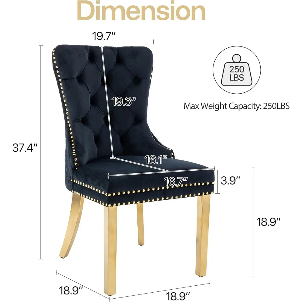 Velvet Dining Chairs Set of 2,  Dining Room Chairs with Gold Metal Legs and Lion Head Pull Ring