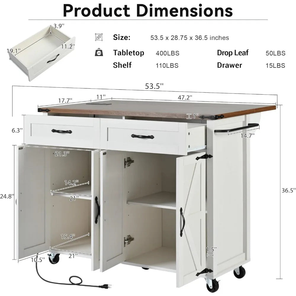 Farmhouse Rolling Kitchen Island with Power Outlet, Drop Leaf Breakfast Bar, Wooden Mobile Storage Island Cart on Wheels