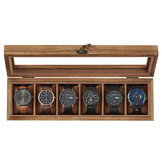 Watch Box, 6-Slot Watch Case, Solid Wood Watch Box Organizer with Glass Lid, Watch Display Case with Removable Pillows