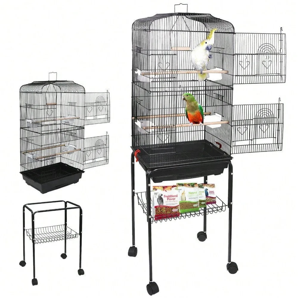 59''H Rolling  Bird Cage Cockatiel Parakeet Finch Canary Home with Stand & Tray