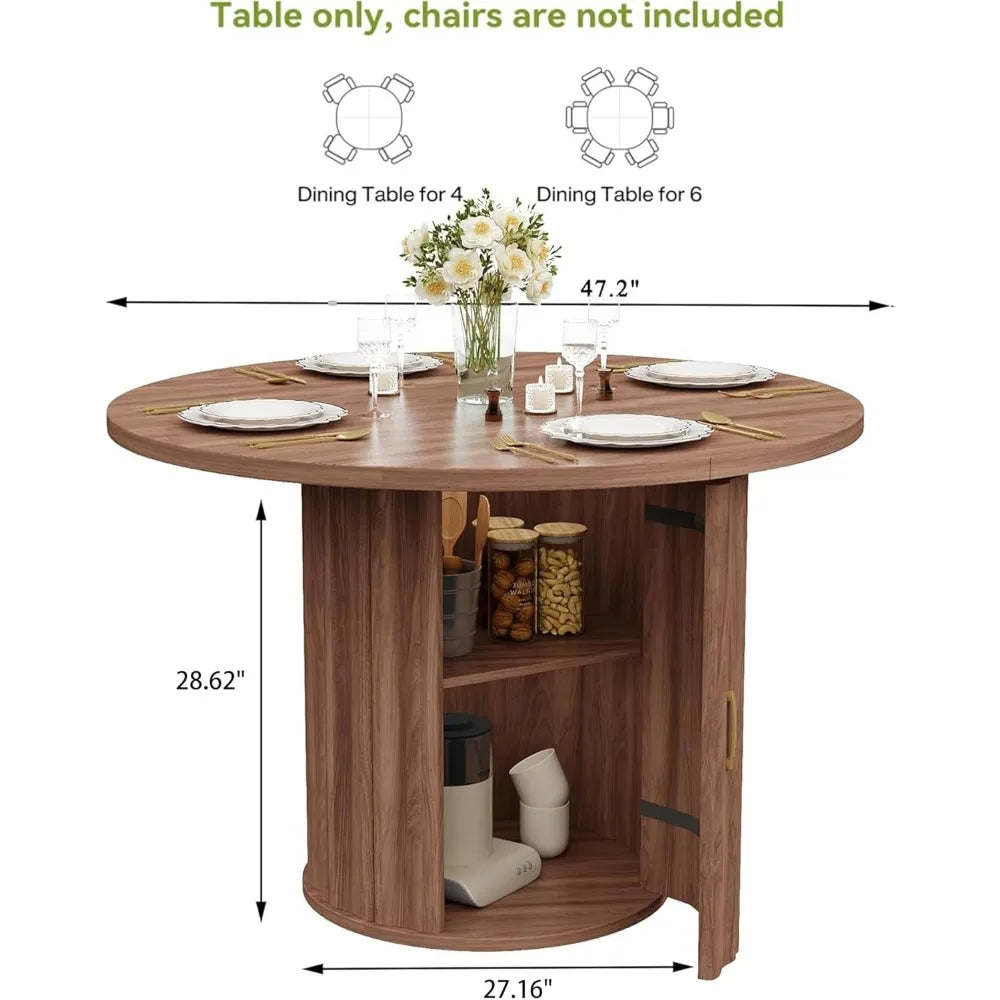 47 Inch Round Dining Table, Modern Round Wood Dining Table Rustic Kitchen Table for 4-6 People with Hidden Shelves for Dining