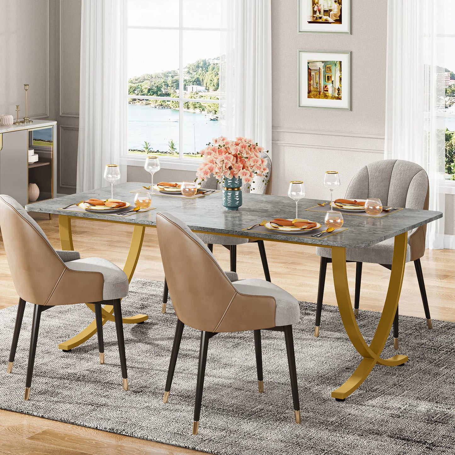 63" Modern Dining Table Kitchen Table with Faux Marble Top