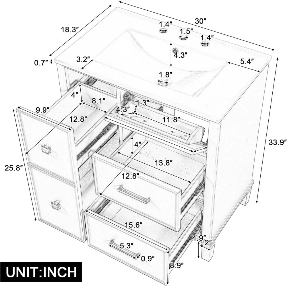 30 inch Bathroom Vanity with Sink, Freestanding Bathroom Vanity Cabinet with Double-Layer Pull Out Drawer