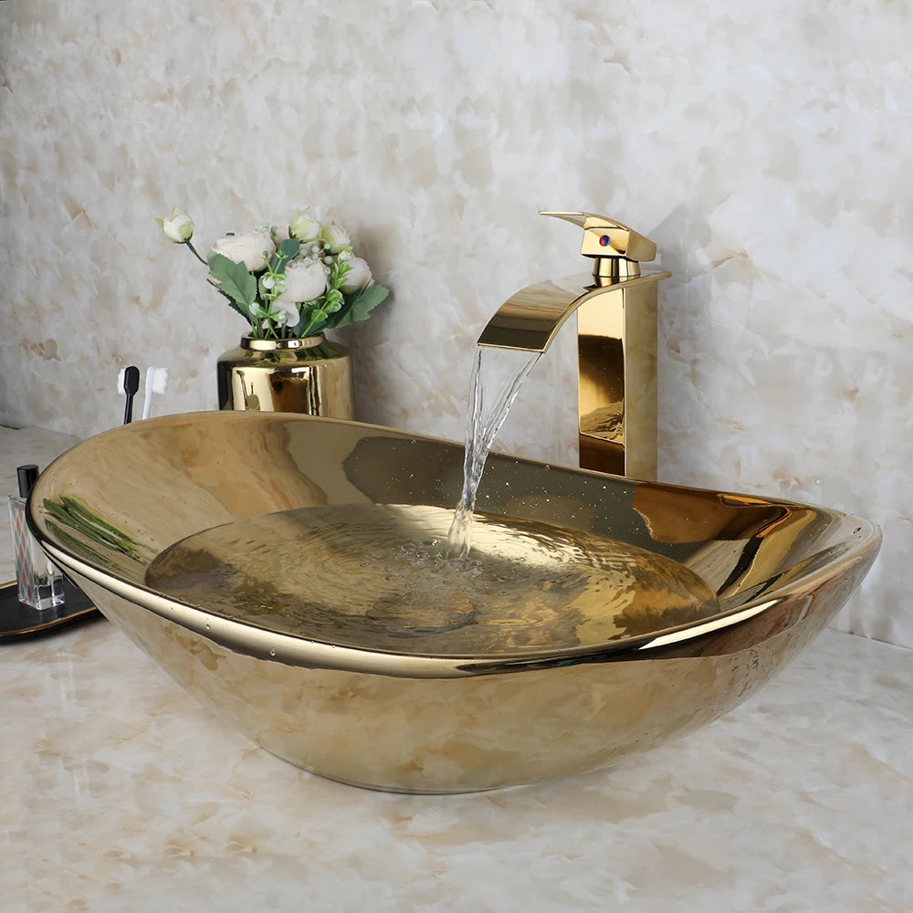 Gold Ceramic Luxury Bathroom Vessel Sink Set  Bowl Washbasin Waterfall Brass Faucet Pop Up Drain Combo High-End Basin Kit