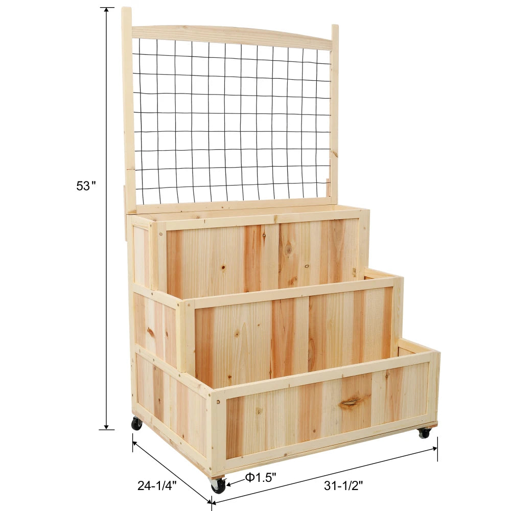 3-Tiers Raised Garden Bed with Trellis, 53" H Vertical Planter Box with Wheels & Back Storage Area, for Flowers, Vegetables