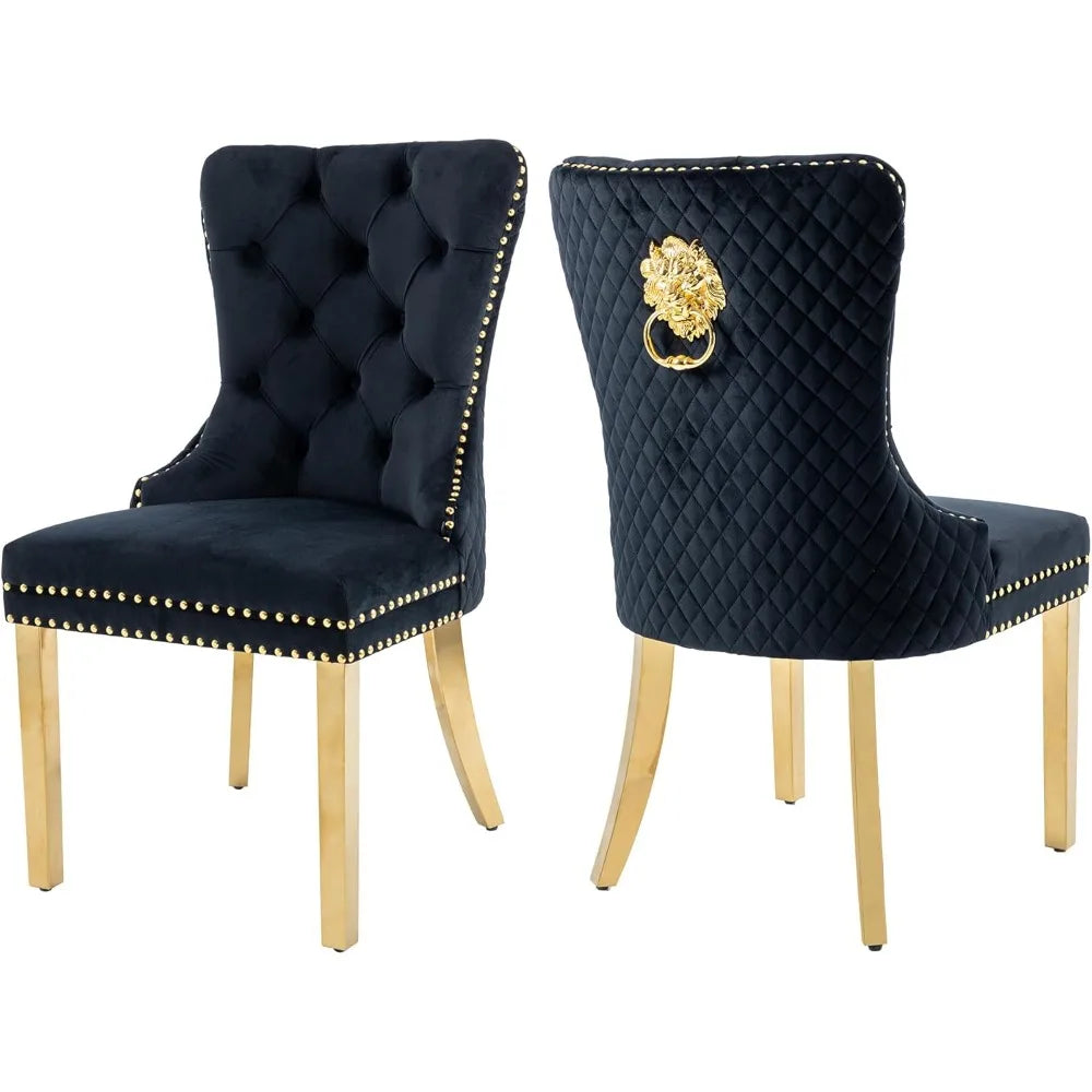 Velvet Dining Chairs Set of 2,  Dining Room Chairs with Gold Metal Legs and Lion Head Pull Ring