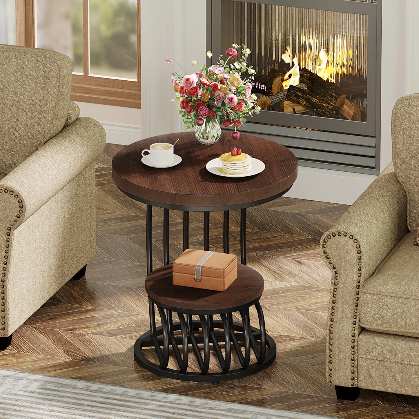Gold Round End Table: 2 Tiers Faux Marble Side Table with Storage Shelf, Modern White Gold Bedside Nightstand