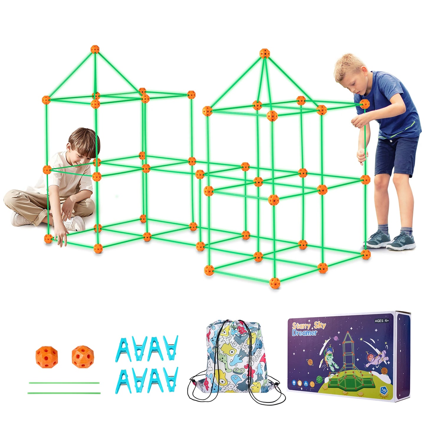 Fort Building Kit Children's DIY Indoor Castle Beading Stem with 96 Rods and 44 Balls Play Tent Toy for 4+ Kids Gifts