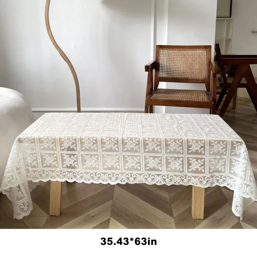 Nordic White Lace Hollow Tablecloth Vintage Rose Flower Pattern