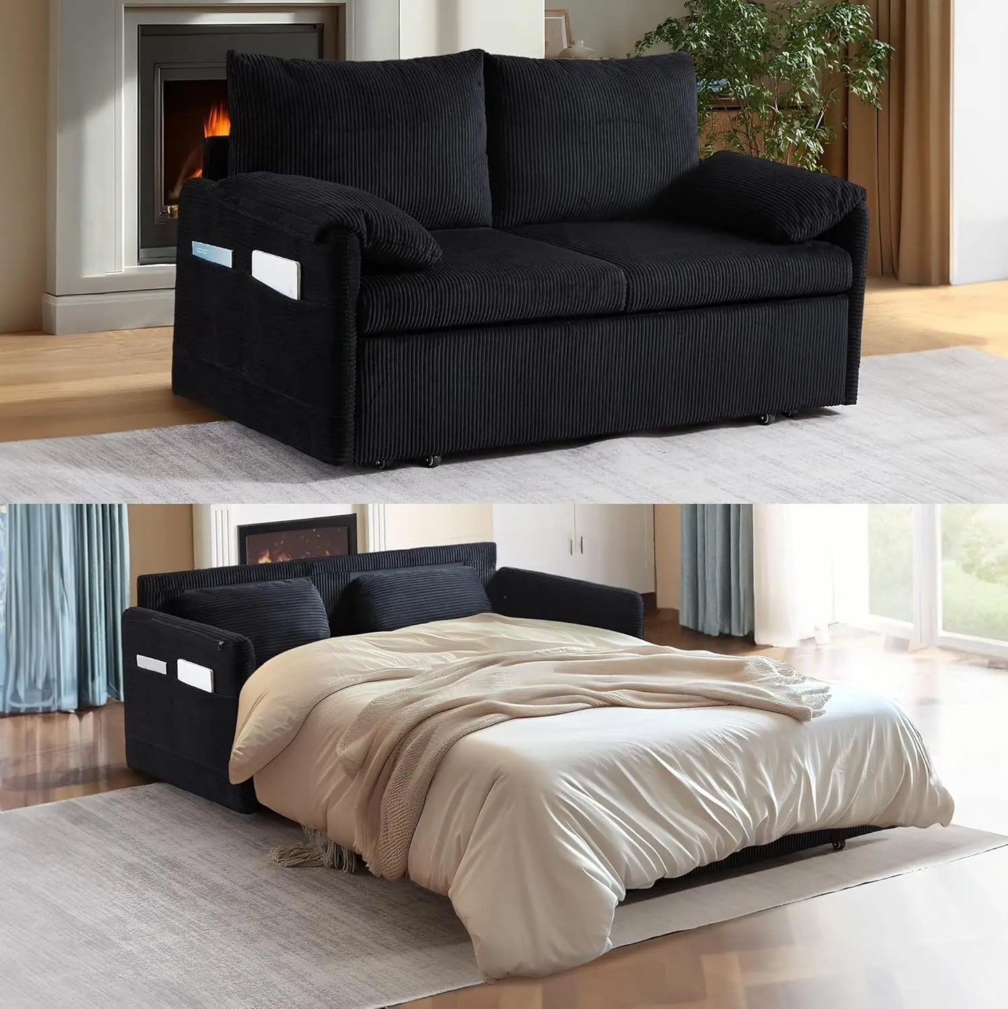 Queen Size Pull Out Couch Sleeper Sofa Bed, 3-in-1 Convertible Futon Couch for Living Room with Storage Pockets & Arm Pillows