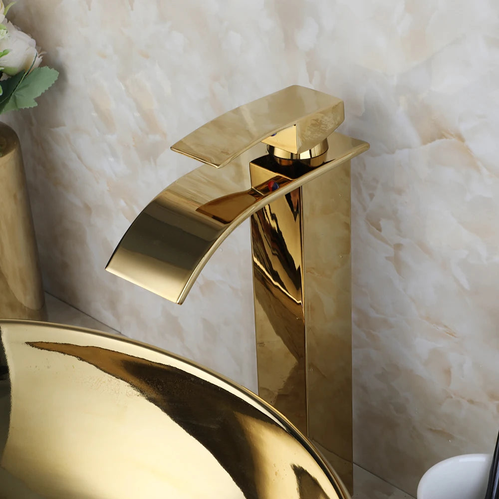 Gold Ceramic Luxury Bathroom Vessel Sink Set  Bowl Washbasin Waterfall Brass Faucet Pop Up Drain Combo High-End Basin Kit