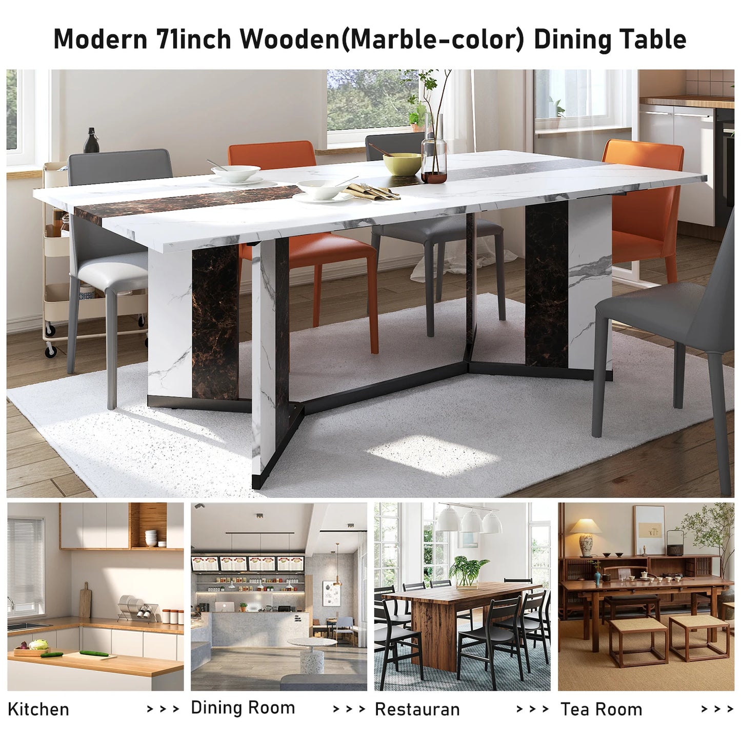 71In Large Rectangular White Dining Table for 4 5 6 8 10 People, w/Marble Color, Wood Tabletop, Metal Leg