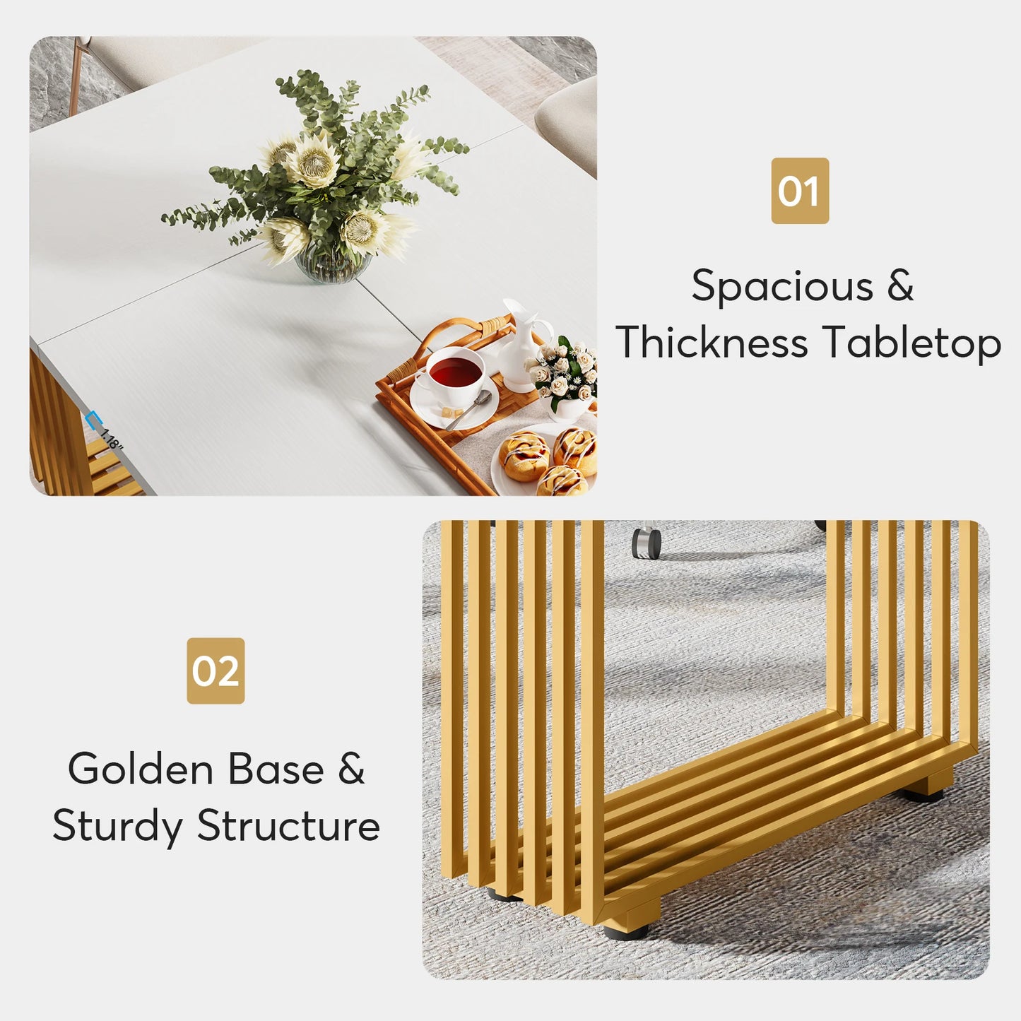 63-Inch Rectangular Dining Table for 4 to 6, Modern Kitchen Table with Faux Marble Table Top