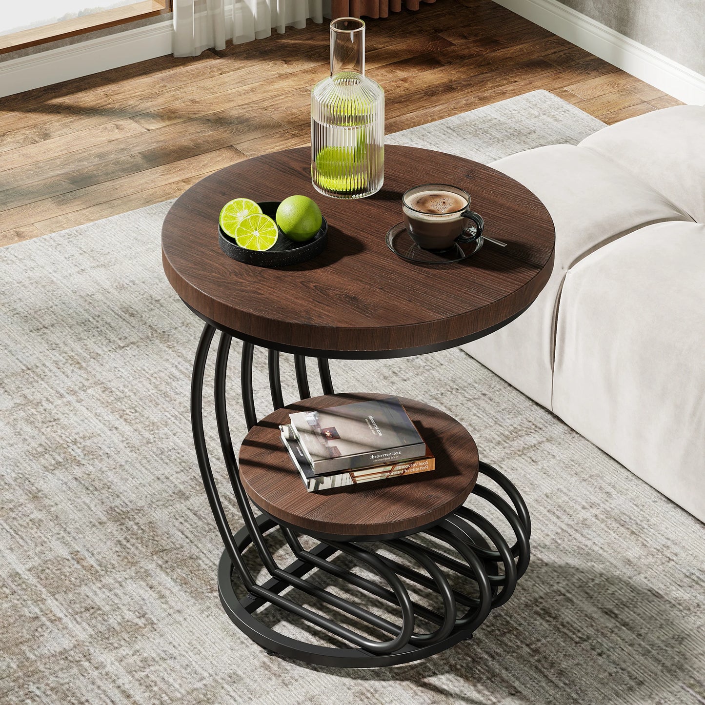 Gold Round End Table: 2 Tiers Faux Marble Side Table with Storage Shelf, Modern White Gold Bedside Nightstand