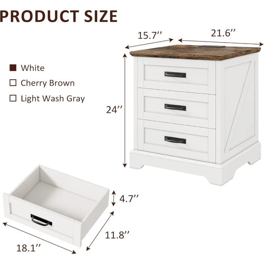 Farmhouse Nightstand with Charging Station, 3 Drawers Bedside Table