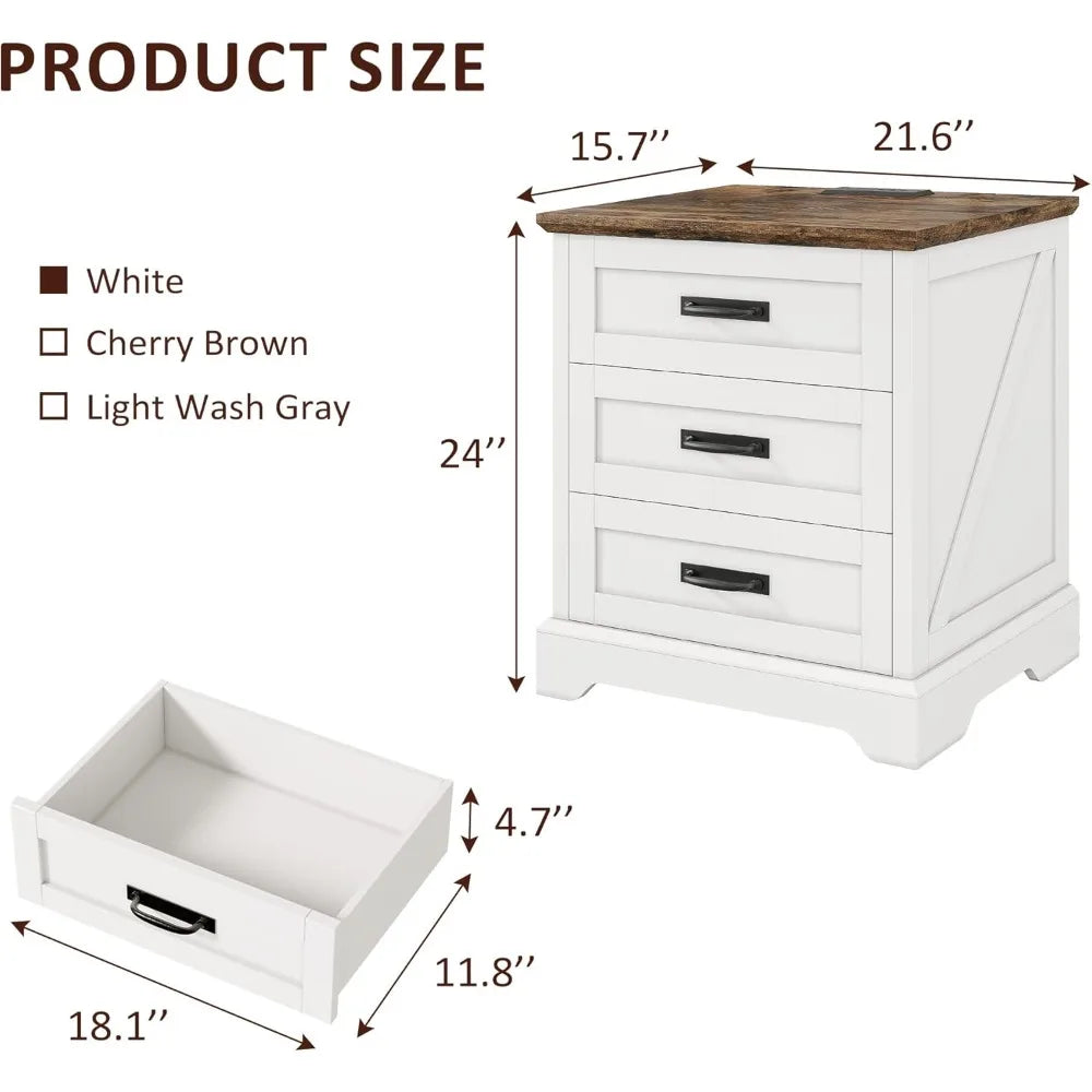 Farmhouse Nightstand with Charging Station, 3 Drawers Bedside Table