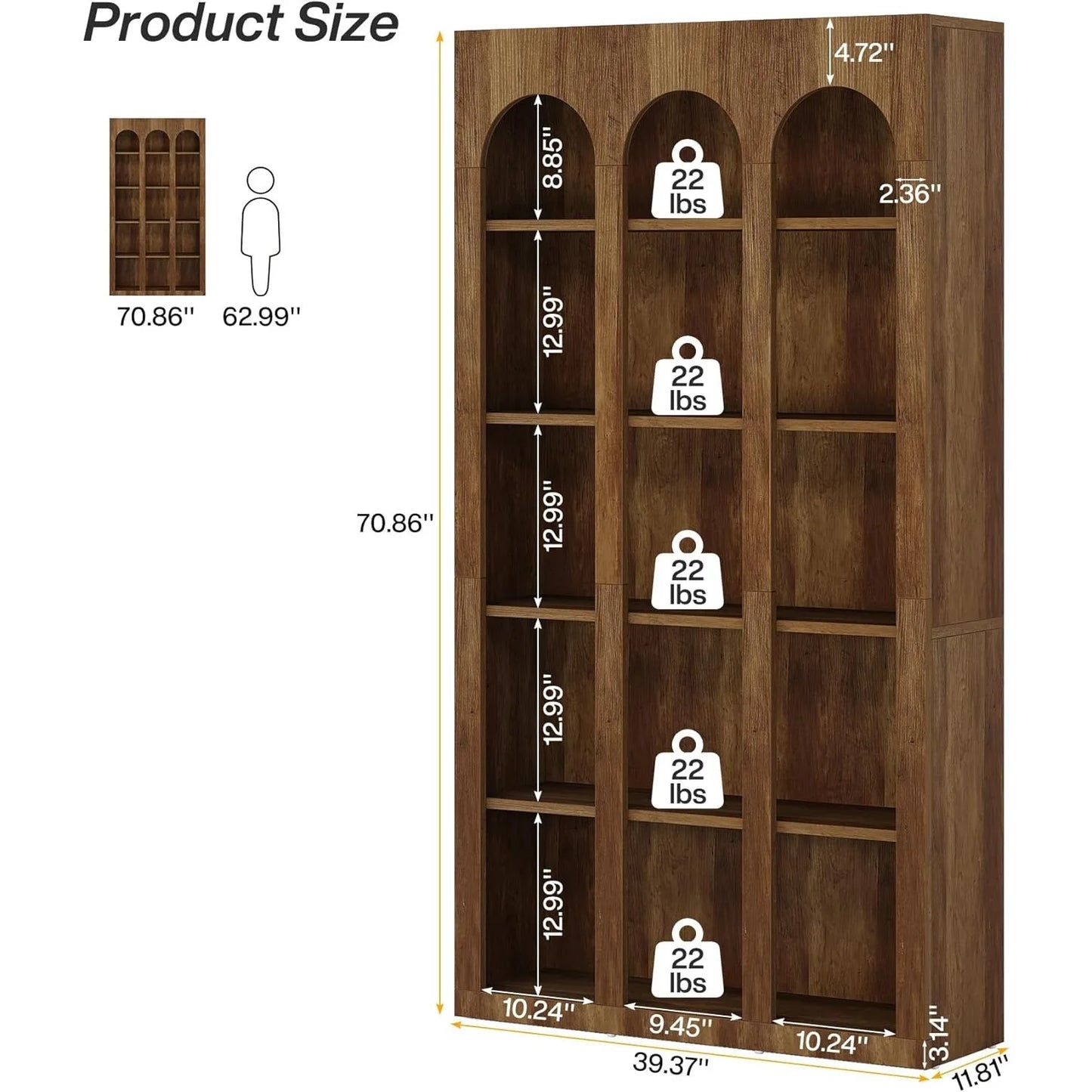 5-Tier Bookshelf, 70.87-Inch Mid Century Modern Bookcase with Open Shelves, Book Shelf Vintage Display Storage for Home Office