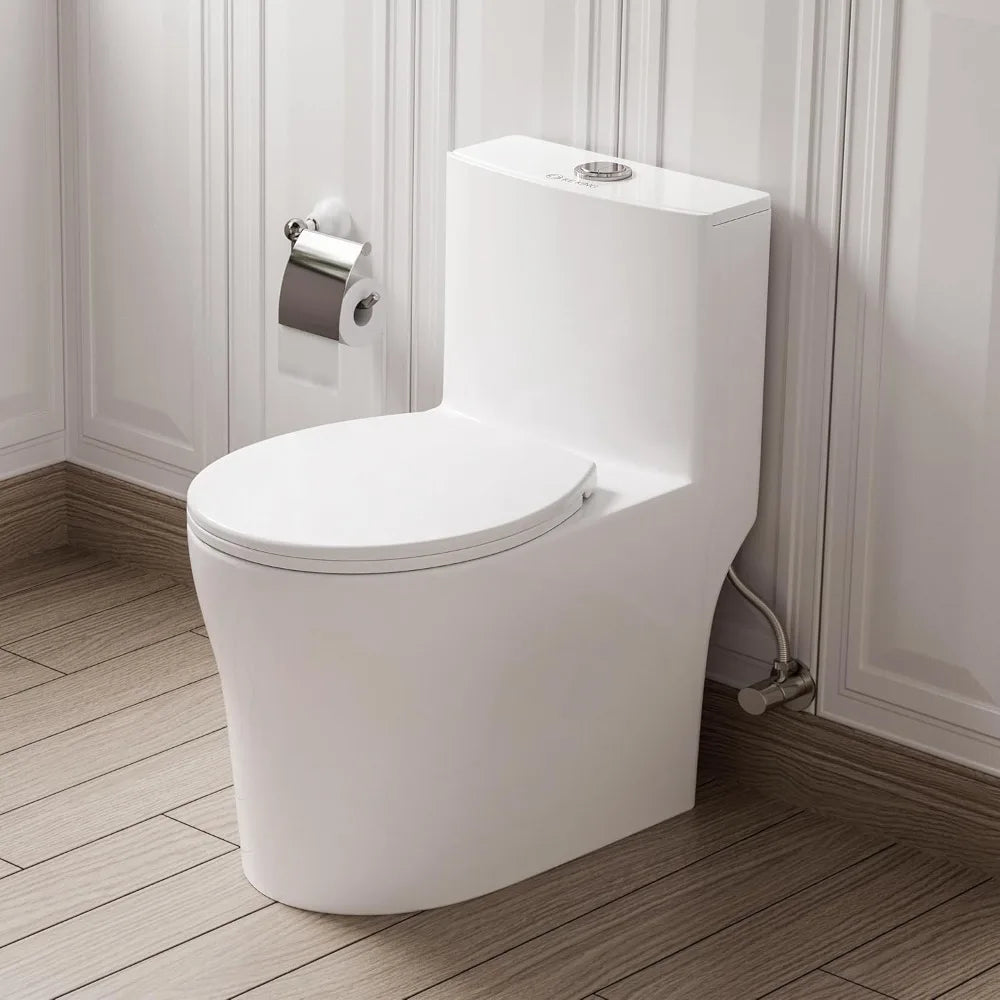 Quiet Dual & Powerful Flush Modern Toilet for Small Bathroom, Space Saving Toilet with Soft Close Seat, 12'' Rough-In